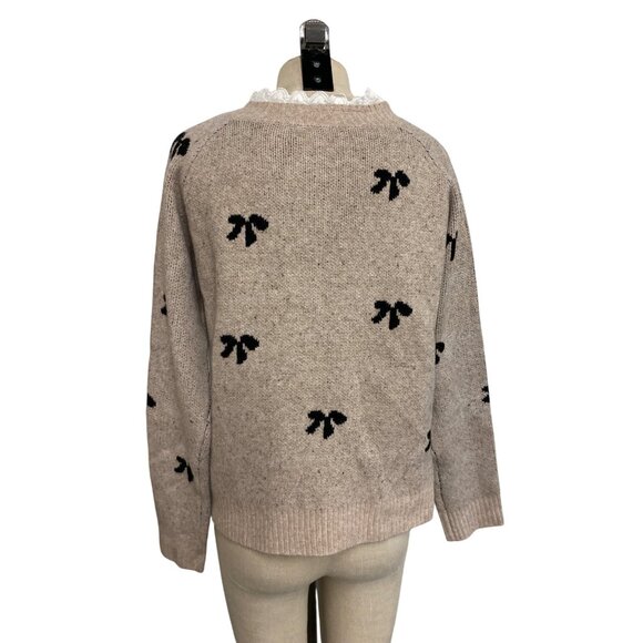 Shein Womens Beige Sweater With Black Bow Pattern & Decorative Buttons - Picture 4 of 7